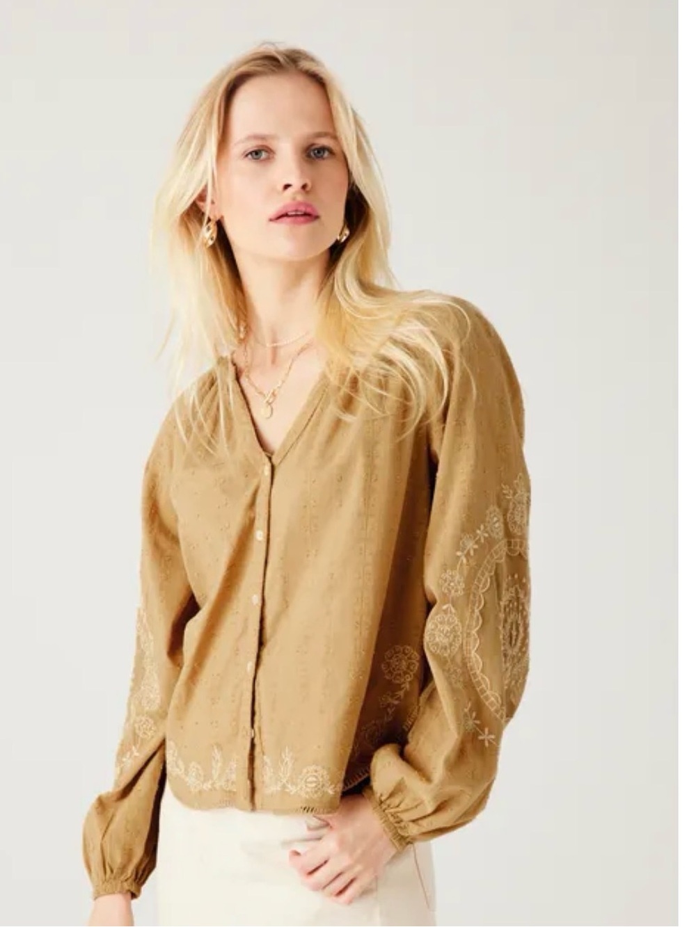Promod Tan Embroidered Peasant Blouse 100% Cotton Size 12